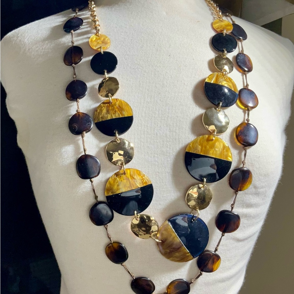 Faux Tortoise Shell and Two Tone Necklaces Bold Long Gold Toned Metal